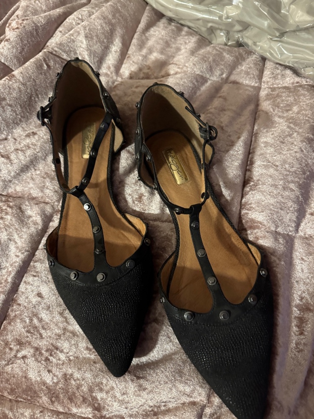 Halogen Black Studded T-Strap Pointed Flats